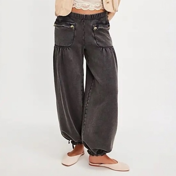 NWT FREE PEOPLE FP One Bohemian Wide Leg Barrel Arden Knit Pants Washed Black XL - Picture 4 of 12